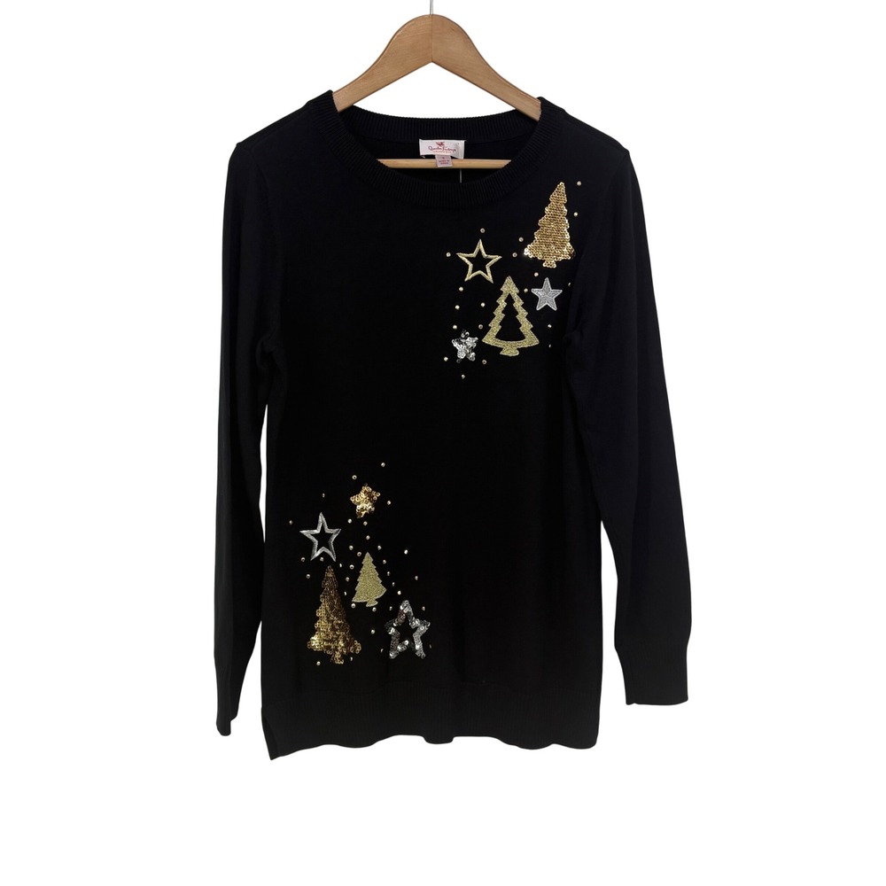 Quacker Factory Womens Black Sequin Christmas Tree Star Sweater S Holiday
